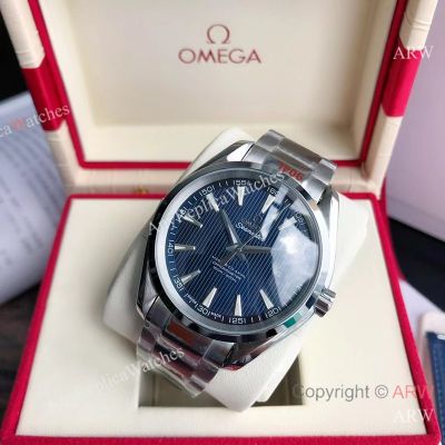 High Quality Replica OMEGA Seamaster Aqua Terra 150M Silver 316L Stainless Steel Strap Blue Curved Face Dial Silver Case Watch 41.5mm